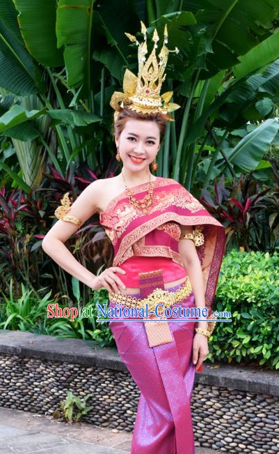 Asian Thai Court Princess Dress Clothing Traditional Thailand Performance Wine Red Blouse and Purple Skirt Uniforms