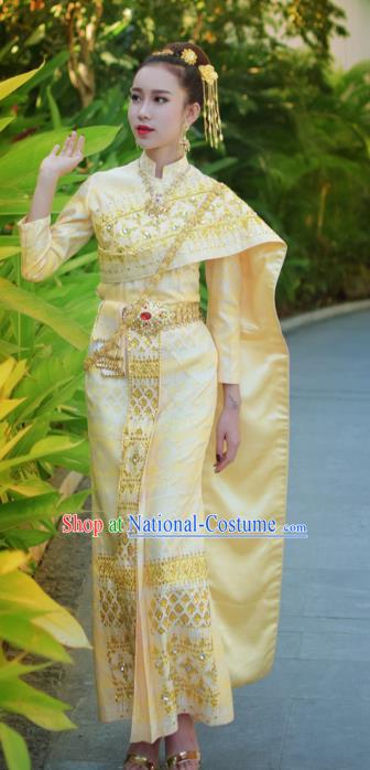 Asian Thai Court Consort Dress Clothing Traditional Thailand Performance Light Yellow Blouse and Skirt Uniforms