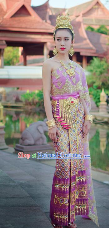 Asian Thai Folk Dance Dress Clothing Traditional Thailand Court Consort Purple Blouse and Skirt Uniforms