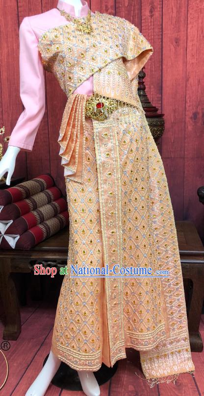 Asian Thai Princess Dress Clothing Traditional Thailand Court Consort Pink Blouse and Embroidery Golden Skirt Uniforms