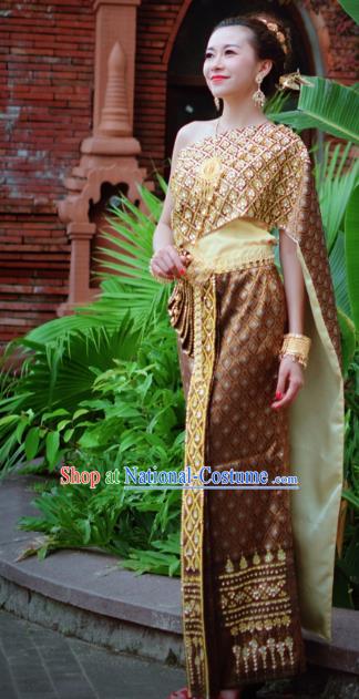 Asian Thai Court Woman Dress Clothing Traditional Thailand Imperial Concubine Wedding Top and Brown Skirt Uniforms