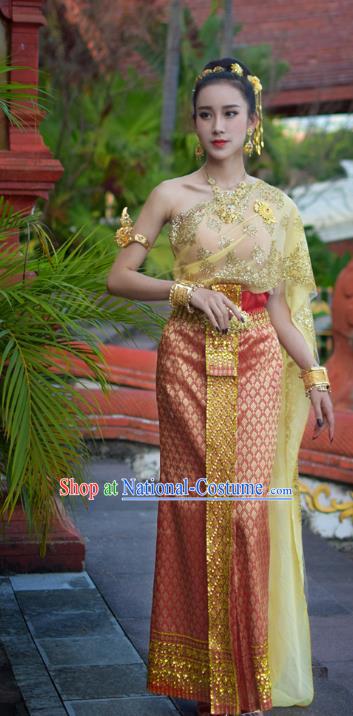 Asian Thai Imperial Concubine Dress Clothing Traditional Thailand Wedding Top and Red Skirt Uniforms