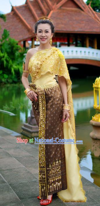 Asian Thai Wedding Bride Dress Clothing Traditional Thailand Young Woman Yellow Top and Brown Skirt Uniforms