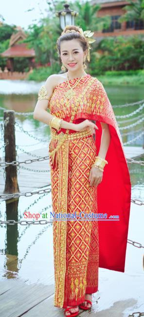 Asian Thai Court Woman Dress Clothing Traditional Thailand Embroidery Blouse and Red Skirt Wedding Uniforms