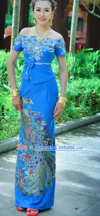 Asian Thai Bride Uniforms Dress Clothing Traditional Thailand Embroidery Sequins Blue Blouse and Skirt