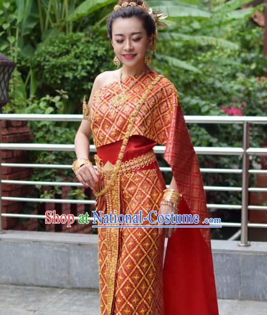 Asian Thai Wedding Uniforms Traditional Thailand Red Blouse and Skirt Bride Dress Clothing