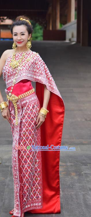 Traditional Thailand Rosy Blouse and Skirt Bride Dress Clothing Asian Thai Wedding Uniforms