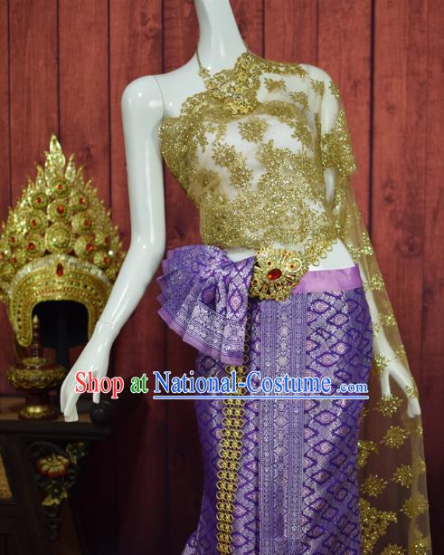 Traditional Thailand Bride Dress Clothing Asian Thai Wedding Uniforms Blouse and Purple Skirt