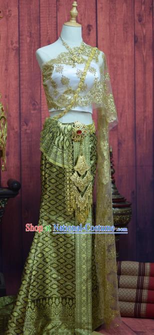 Asian Thai Wedding Uniforms Blouse and Green Skirt Traditional Thailand Bride Dress Clothing