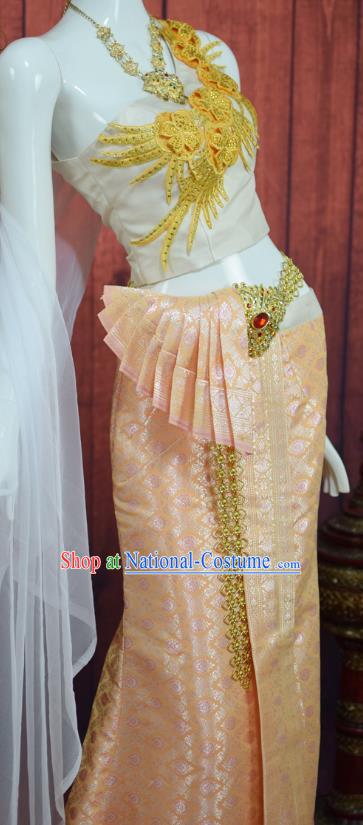 Asian Thai Wedding Bride Uniforms Embroidery White Blouse and Champagne Skirt Traditional Thailand Court Dress Clothing