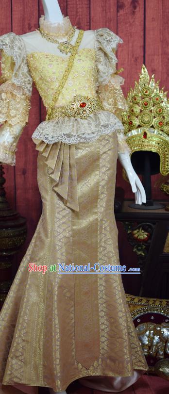 Traditional Thailand Court Dress Clothing Asian Thai Wedding Bride Uniforms Embroidery Lace Blouse and Golden Skirt