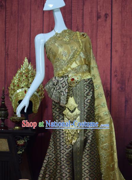 Asian Thai Wedding Bride Uniforms Traditional Thailand Embroidery Golden Blouse and Grey Skirt Court Dress Clothing