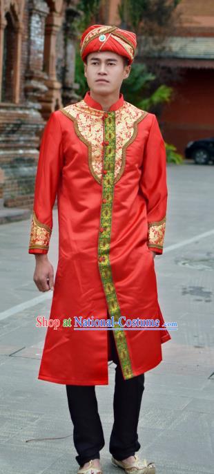 Thailand Traditional Bridegroom Costumes Asian Thai Prince Wedding Red Long Gown Clothing and Hat