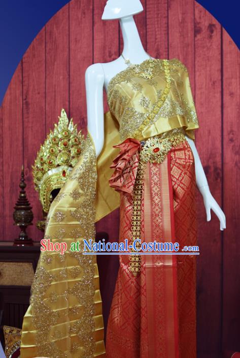 Traditional Thailand Embroidery Golden Blouse and Red Skirt Court Bride Dress Clothing Asian Thai Wedding Uniforms