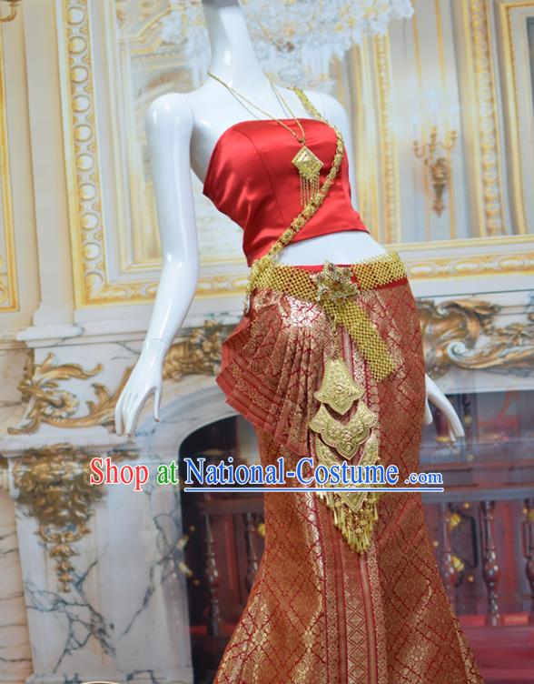 Traditional Thailand Court Bride Dress Clothing Asian Thai Wedding Uniforms Red Top and Brocade Skirt