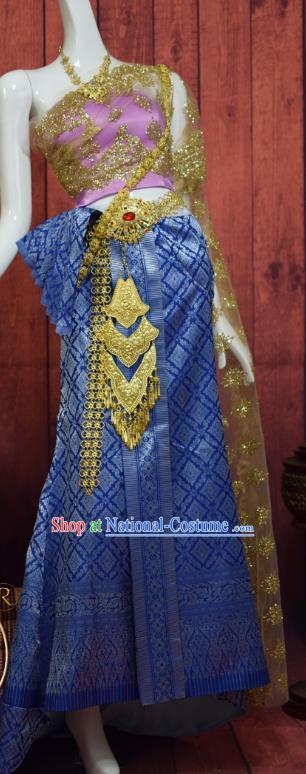 Asian Thai Wedding Uniforms Lilac Top and Royalblue Brocade Skirt Traditional Thailand Court Bride Dress Clothing