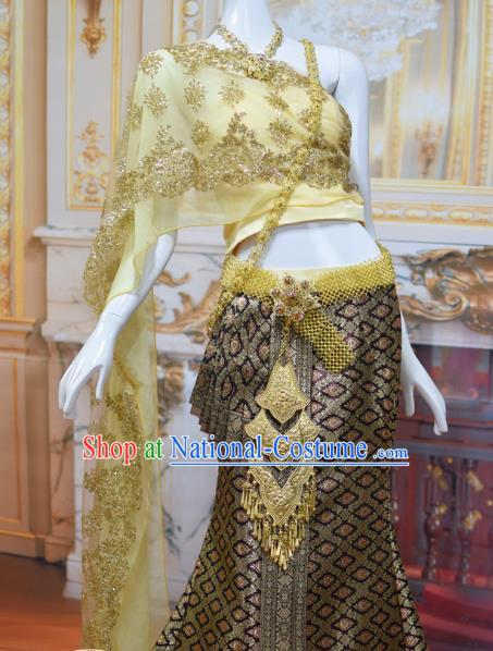 Traditional Thailand Court Concubine Dress Clothing Asian Thai Wedding Uniforms Yellow Top and Brown Brocade Skirt