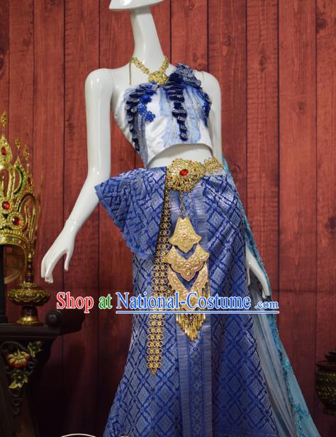 Traditional Thailand Embroidery Top and Royalblue Brocade Skirt Dress Clothing Asian Thai Court Concubine Uniforms