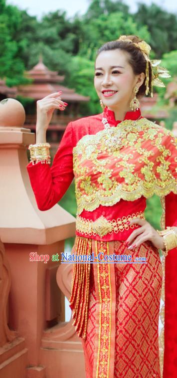 Asian Thai Dress Clothing Wedding Uniforms Traditional Thailand Red Blouse and Brocade Skirt