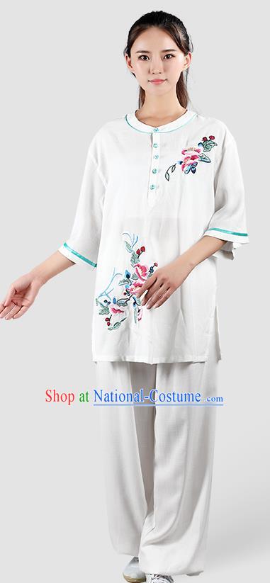 China Tai Chi Kung Fu Costumes Traditional Martial Arts Printing White Flax Uniforms