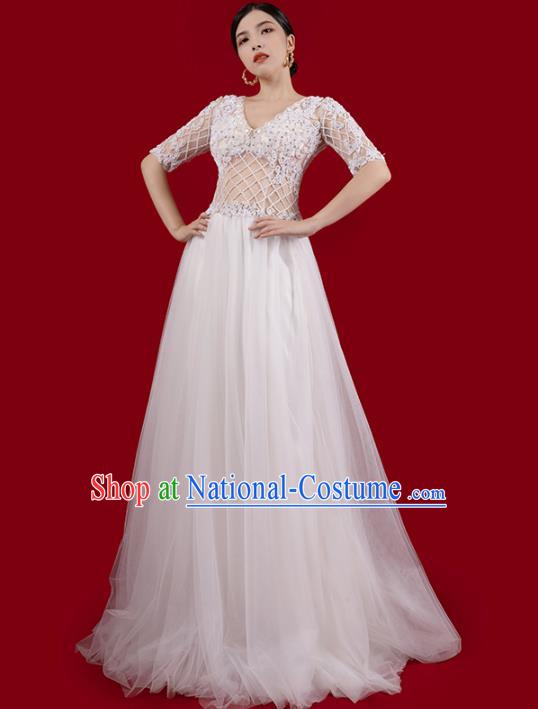 Top Grade White Wedding Dress Annual Meeting Clothing Catwalks Stage Show Embroidered Beads Full Dress