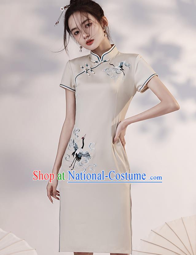 Chinese Embroidered Crane Short Cheongsam Clothing Classical Beige Satin Qipao Dress