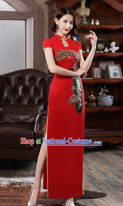 Chinese Stage Show Red Qipao Dress Embroidery Peacock Peony Cheongsam Modern Catwalks Costume