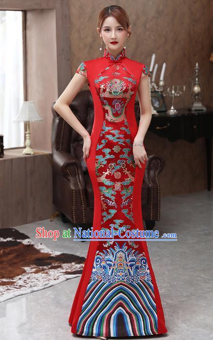 Chinese Catwalks Wedding Costume Stage Show Fishtail Qipao Dress Red Brocade Cheongsam