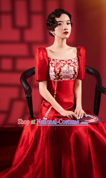 Chinese Traditional Wedding Cheongsam Clothing Bride Red Brocade Qipao Dress