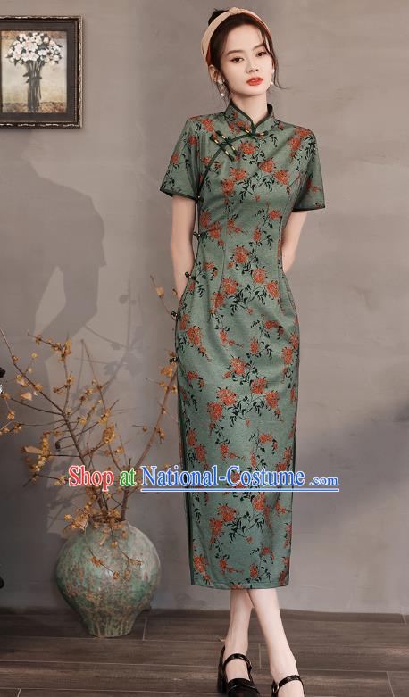 China Traditional Printing Green Qipao Dress National Stage Performance Cheongsam