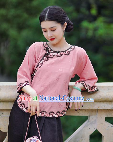 Chinese National Pink Silk Shirt Tang Suit Upper Outer Garment Woman Blouse Clothing