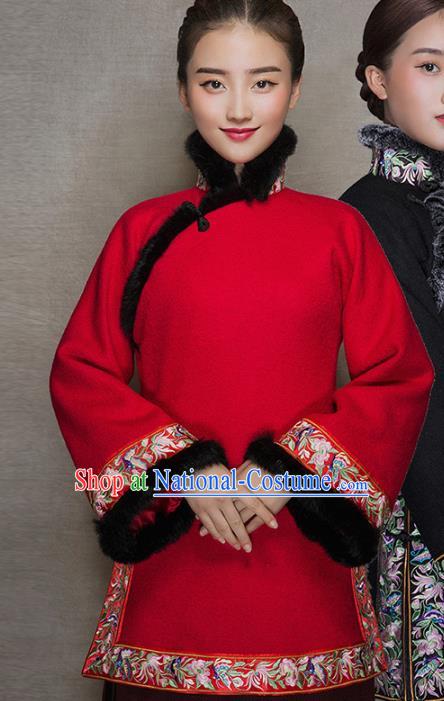 Chinese National Embroidered Red Woolen Jacket Tang Suit Outer Garment Woman Winter Clothing