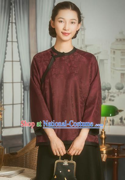 Chinese National Upper Outer Garment Clothing Tang Suit Wine Red Silk Cheongsam Shirt