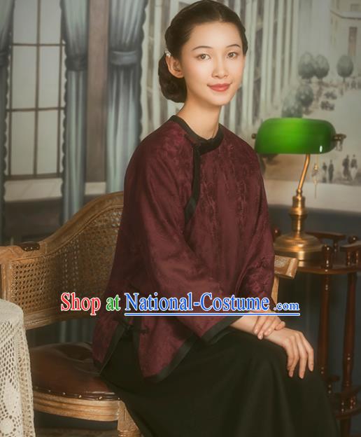 Chinese National Upper Outer Garment Clothing Tang Suit Wine Red Silk Cheongsam Shirt