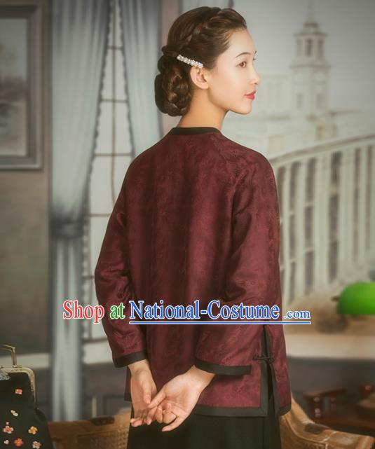 Chinese National Upper Outer Garment Clothing Tang Suit Wine Red Silk Cheongsam Shirt