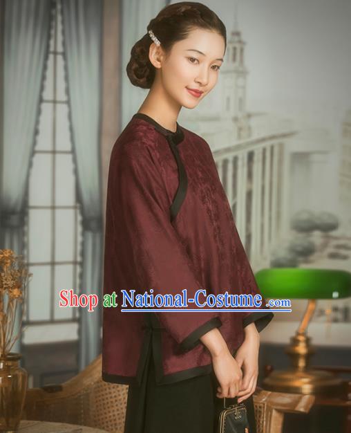 Chinese National Upper Outer Garment Clothing Tang Suit Wine Red Silk Cheongsam Shirt