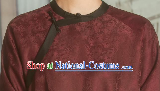 Chinese National Upper Outer Garment Clothing Tang Suit Wine Red Silk Cheongsam Shirt