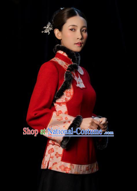 Chinese Tang Suit Red Woolen Jacket National Woman Outer Garment Clothing