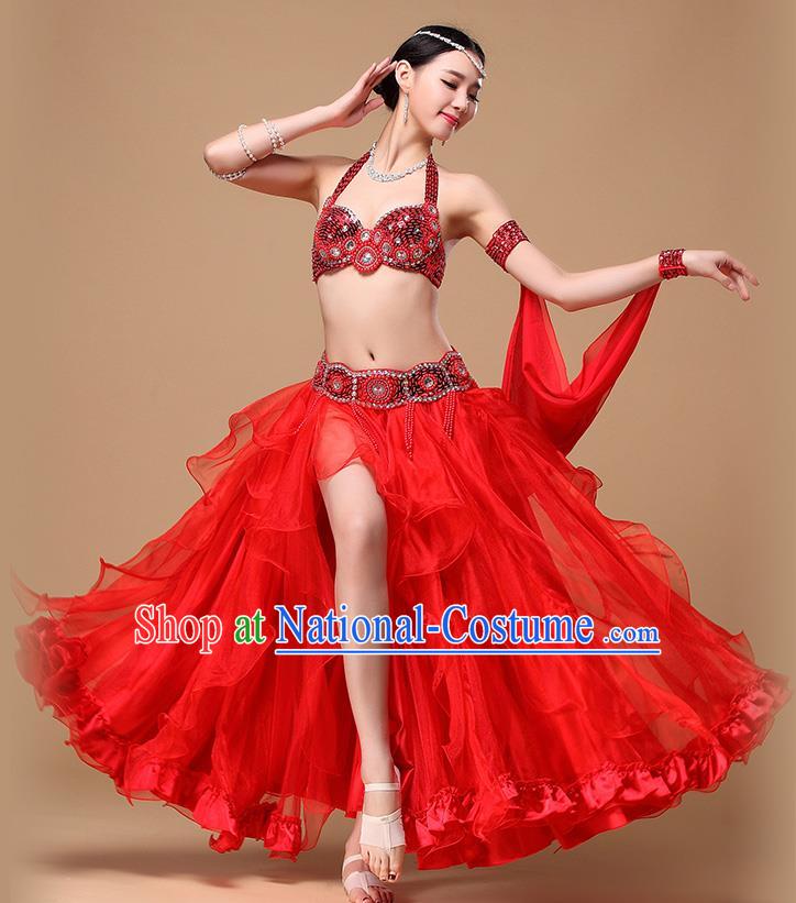 Indian Oriental Dance Clothing Asian Stage Performance Bra and Skirt Top Belly Dance Competition Red Dress