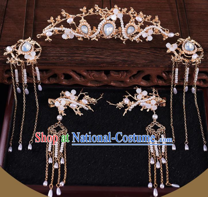 Chinese Bride Headdress Traditional Wedding Hair Accessories Classical Xiuhe Suit Hair Comb and Tassel Hair Claws