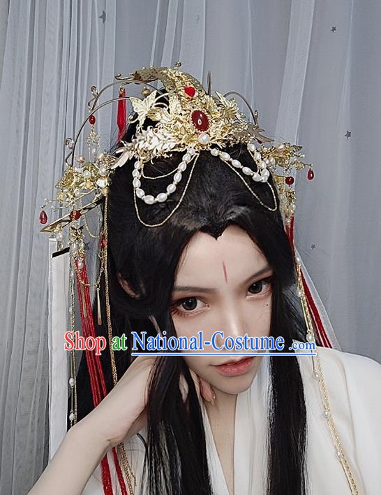 Chinese Ancient Swordswoman Wedding Hair Accessories Traditional Jin Dynasty Princess Golden Phoenix Coronet Headdress