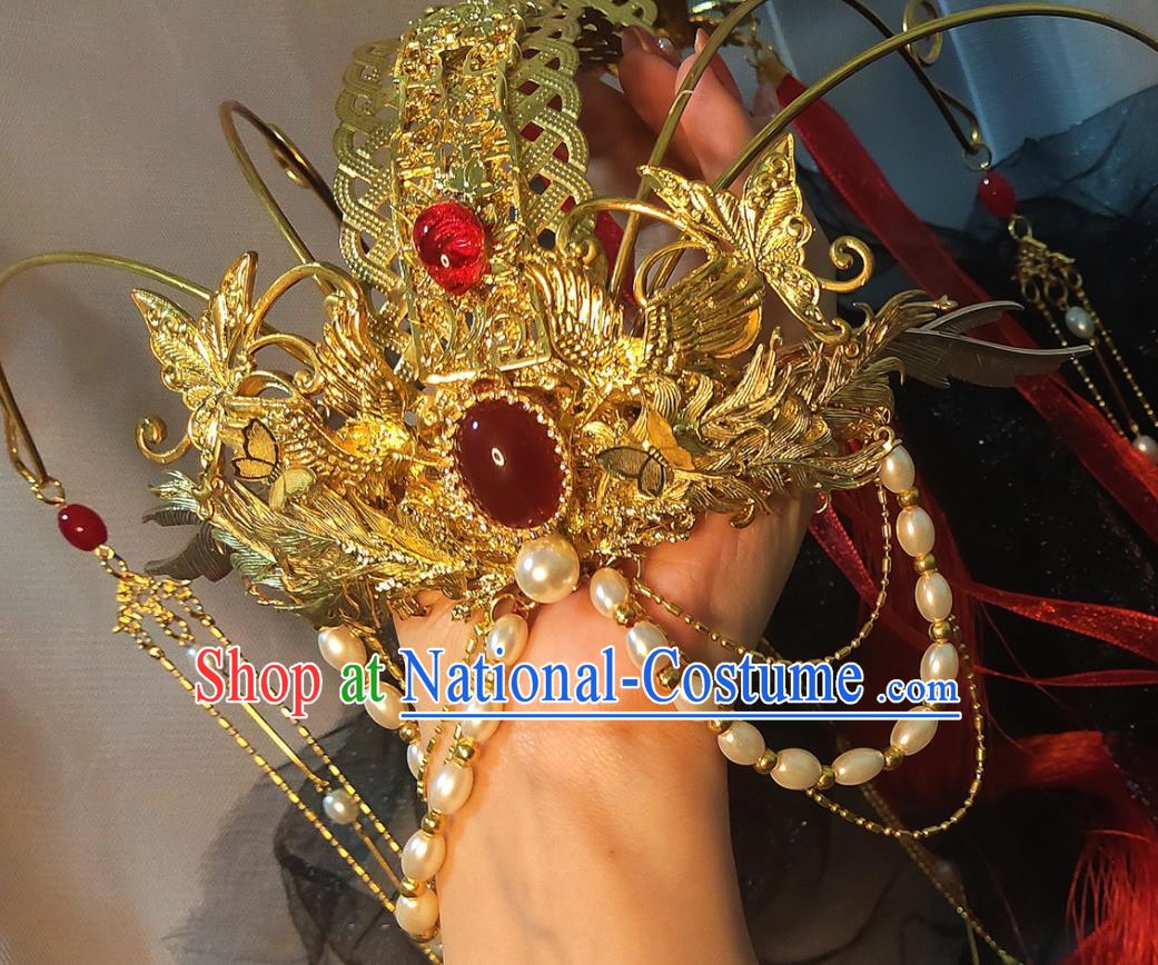 Chinese Ancient Swordswoman Wedding Hair Accessories Traditional Jin Dynasty Princess Golden Phoenix Coronet Headdress