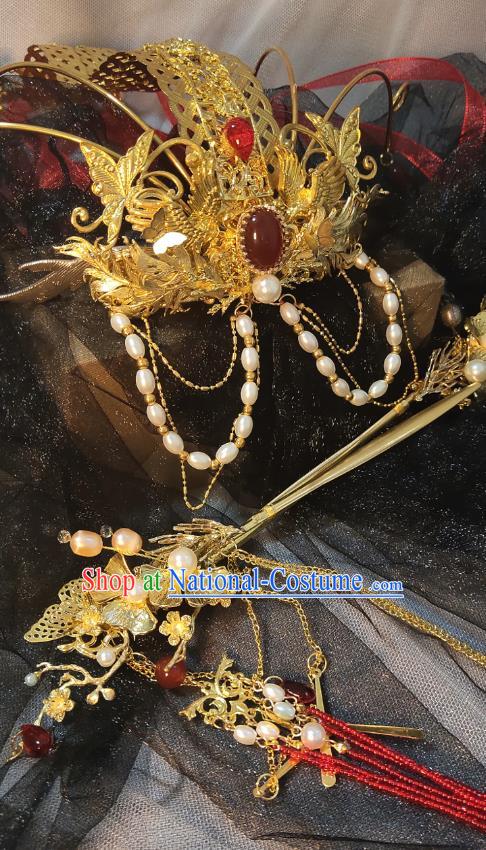 Chinese Ancient Swordswoman Wedding Hair Accessories Traditional Jin Dynasty Princess Golden Phoenix Coronet Headdress