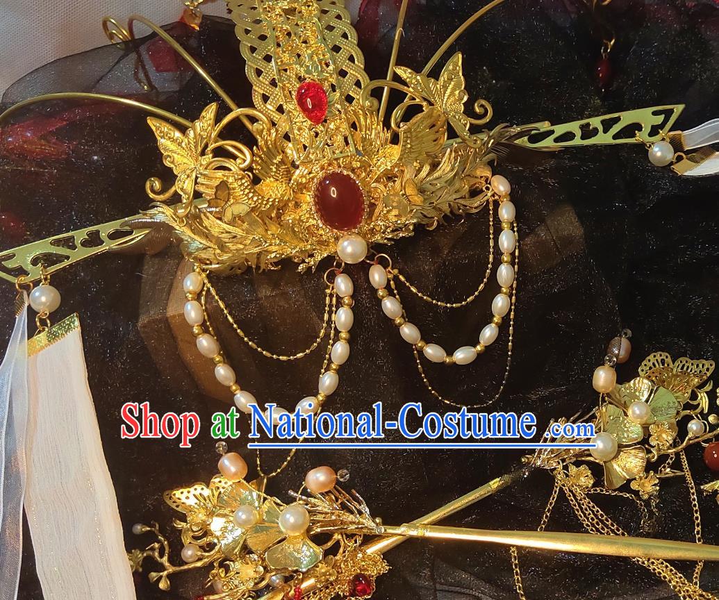 Chinese Ancient Swordswoman Wedding Hair Accessories Traditional Jin Dynasty Princess Golden Phoenix Coronet Headdress