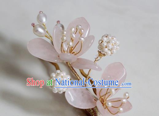 China Ming Dynasty Rose Quartz Mangnolia Hair Claws Traditional Hanfu Hair Accessories Ancient Princess Pearls Hairpin