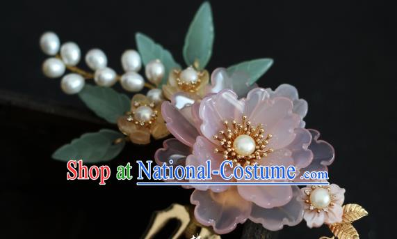 China Ming Dynasty Pink Flowers Hair Comb Traditional Hanfu Hair Accessories Ancient Princess Pearls Hairpin