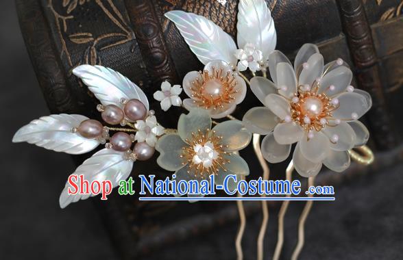 China Song Dynasty Palace Lady Shell Leaf Hair Comb Traditional Hanfu Hair Accessories Ancient Princess Pearls Hairpin