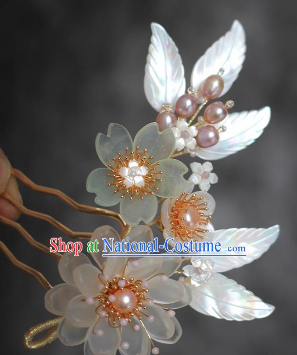 China Song Dynasty Palace Lady Shell Leaf Hair Comb Traditional Hanfu Hair Accessories Ancient Princess Pearls Hairpin