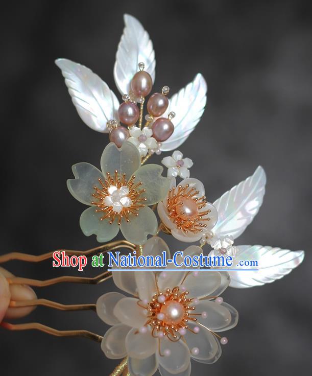 China Song Dynasty Palace Lady Shell Leaf Hair Comb Traditional Hanfu Hair Accessories Ancient Princess Pearls Hairpin