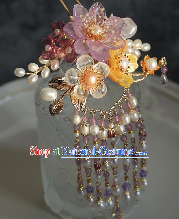 China Ancient Princess Amethyst Flower Hairpin Ming Dynasty Pearls Tassel Hair Stick Traditional Hanfu Headpiece